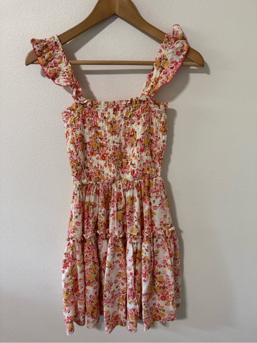 Aerie Ruffle Smocked Babydoll Mini Dress Orange Pink Floral Square Neck-Medium